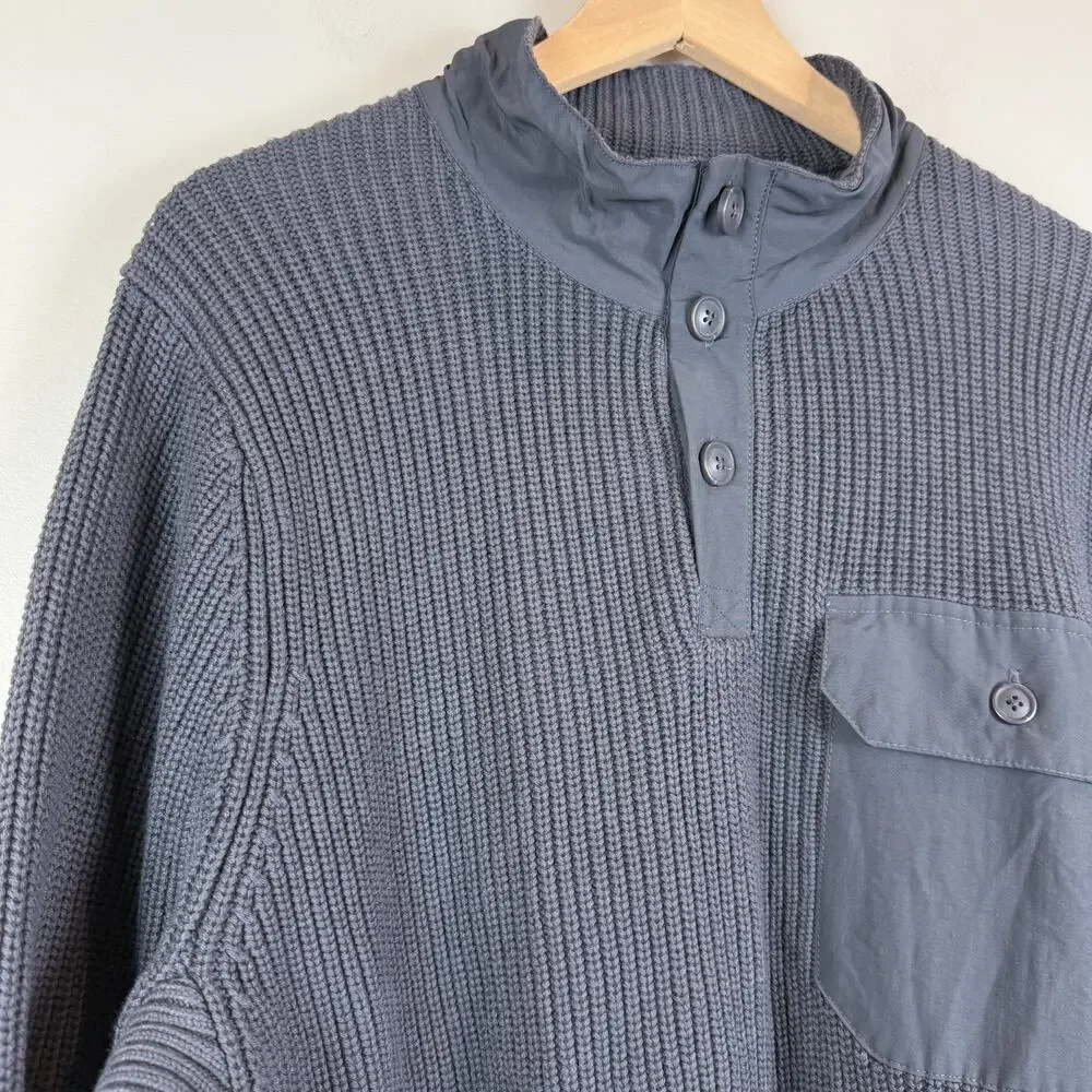 Duluth Trading Co Sweater Mens Large Blue Knit Ribbed Brigadier Button Mock Neck